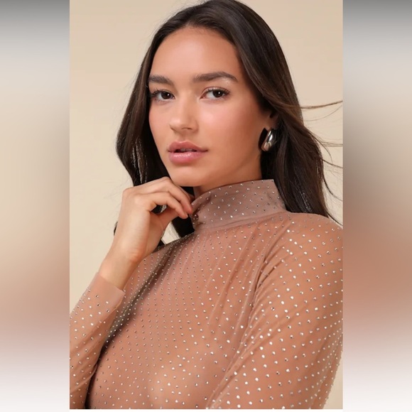 Lulus Glitter Sheer Mesh Rhinestone Long Sleeve Top Beige Womens Size Large - Picture 2 of 14